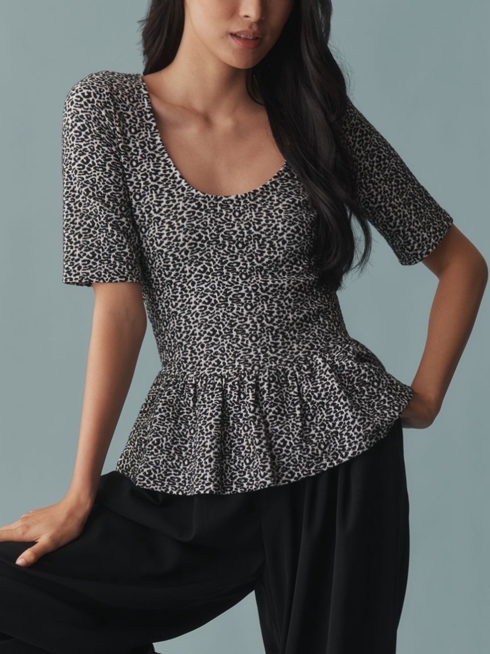 Maeve Anthropologie Peplum Scoop Neck Top Black & White Leopard Print Size Small